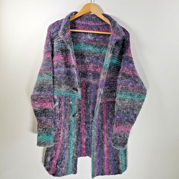 Fuzzy Knit Cardigan Size M Longline Sweater Striped Toggles Einstein Coat Jacket - Picture 7 of 8